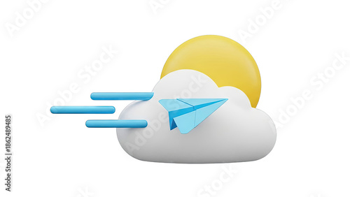 3D Render of a Paper Airplane Flying Through Clouds with Sun