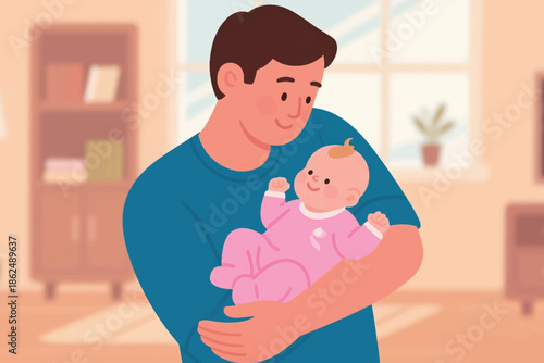 Illustration Of A Father Holding His Child In A Warm Atmosphere, Vector Design Template