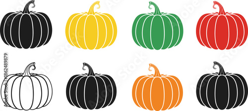 Set of colorful pumpkin vector illustrations including black silhouette and outlines for Halloween autumn and harvest season designs. (18 words)