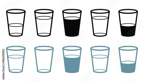 Water Glass Icon Vector Set, Blue and Black Flat Outline, Including Tall, Full, Half, and Empty Drink Glasses, Milk and Water Symbols, Line Pictograms