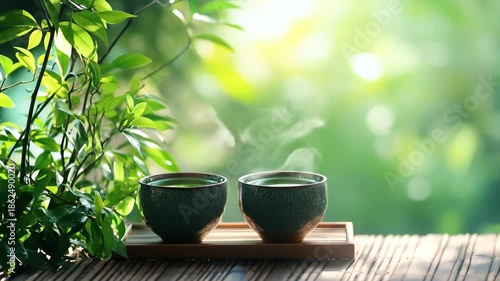 Wallpaper Mural Two steaming tea cups on a bamboo mat amidst lush green foliage and natural sunlight Torontodigital.ca