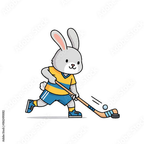 Cartoon rabbit playing field hockey stick hit ball.
