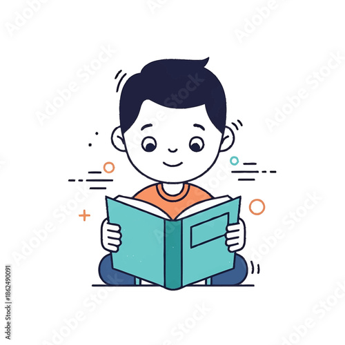 Cartoon boy reading book happy child with story.