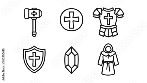 A collection of medieval fantasy game icons including a hammer, shield, armor, and robe.