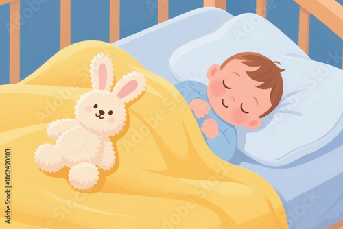 Illustration Of A Baby Sleeping Soundly, Covered In A Blanket, With A Doll Around Him Vector Design Template