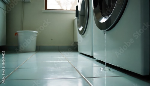 Water drips steadily from a broken washing machine onto the tiled floor in a utility room, indicating a household plumbing problem, repair need, or appliance malfunction.