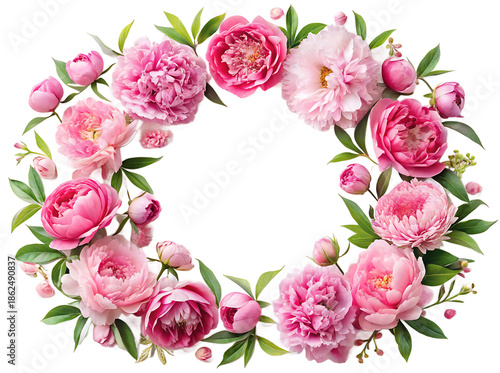 Delicate circular floral frame made of lush pink peony blossoms