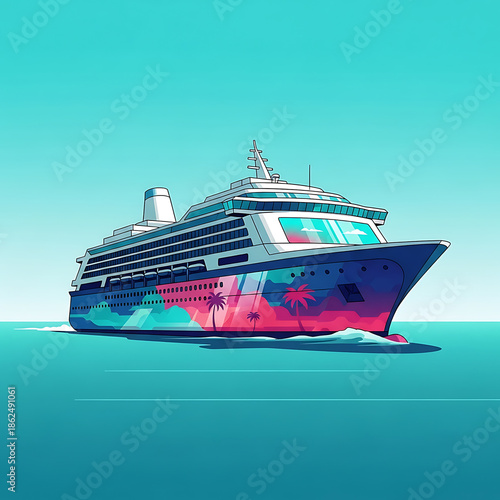 Wallpaper Mural tropical cruise ship sailing across calm ocean waters featuring a vibrant colorful abstract palm tree design on its hull representing a summer vacation Torontodigital.ca