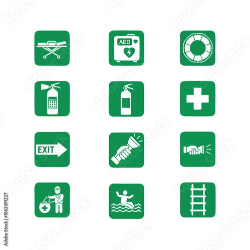 A comprehensive grid of twelve distinct green square icons featuring white symbols for emergency preparedness, first aid, fire safety, and rescue operations.