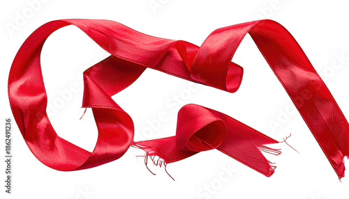 A flowing, vibrant red ribbon with frayed edges, isolated on a black background
