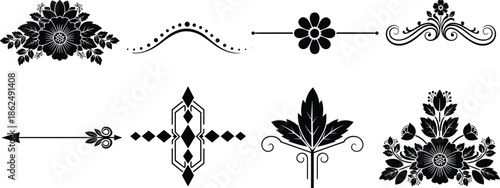 Set of decorative floral and ornamental design elements with symmetrical swirls, leaves, and motifs for elegant graphic layout themes