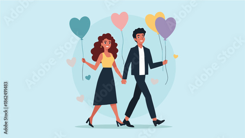 Cheerful Cartoon Illustration of a Happy Couple Walking Hand in Hand with Colorful Heart-Shaped Balloons