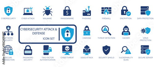 Cybersecurity attack and defense icon set featuring network security, data protection, malware, phishing, hacking, encryption, firewall, and cyber threat prevention symbols.