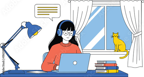 Flat style vector illustration of a woman with headphones working on a laptop at a desk with a cat