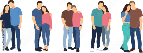Set of diverse couples, including heterosexual and homosexual pairings, standing and hugging in various flat vector poses.