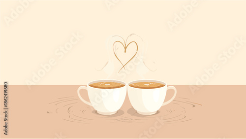 Two Cups of Hot Coffee on a Table with Heart-Shaped Steam Rising Symbolizing Warmth and Romantic Connection