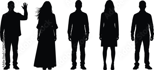 Set of diverse male and female full-body silhouettes in various poses and modern casual clothing.