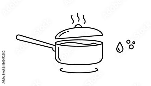 Boiling pot with lid and steam on transparent background line art drawing