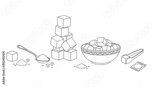 Cubes of sugar with spoon on transparent background one hundred characters