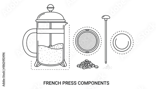French press components vector outline drawing illustration components for coffee preparation