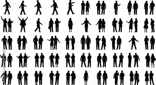 Set of diverse summer silhouettes of adults in swimwear and casual clothing, posing in various beach and leisure actions.