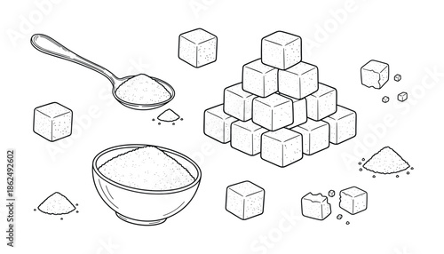 Hand drawn sugar cubes and powder with spoon and bowl in doodle style isolated