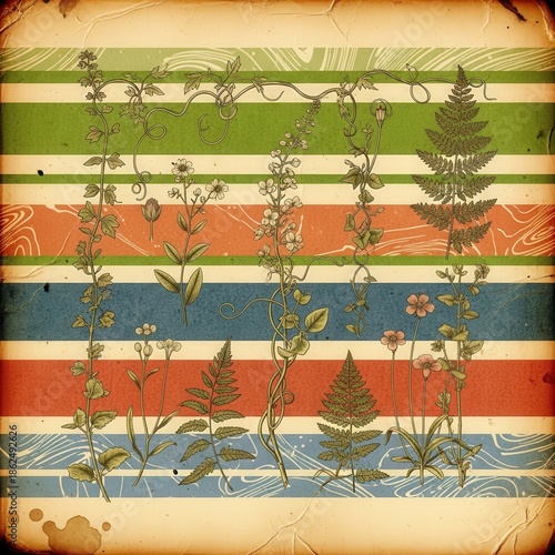 Vintage Floral Striped Background Illustration.