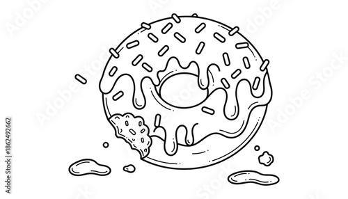 Line art donut with icing and sprinkles with bite missing one hundred character