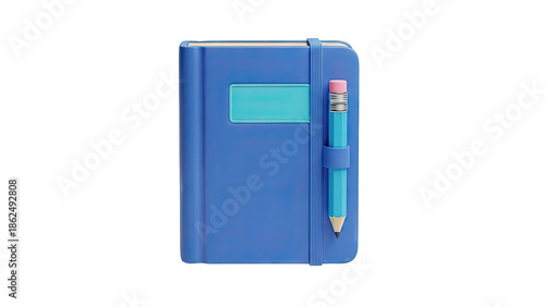 Blue Notebook with Pencil Holder and Cyan Label