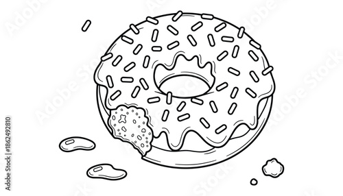 Outline donut with icing and sprinkles with bite missing one hundred characters only