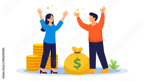 Two business people celebrating financial prosperity next to a large money bag and stacks of gold coins, symbolizing profitability and investment returns