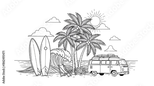 Minimalist Black and White Beach Scene with Surfboards, Palm Trees and Vintage Van