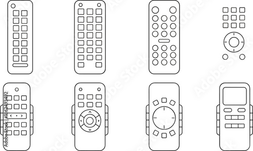 Set of eight remote control outline vector icons for television, air conditioner and smart home electronic device technology