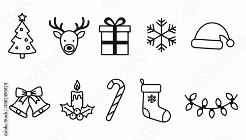 Christmas Icons Set Black Outline – Holiday, Winter, and Xmas Symbols Vector