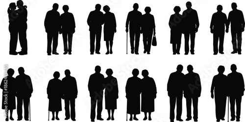 Set of elderly couple silhouettes walking and standing together showing love and companionship vector