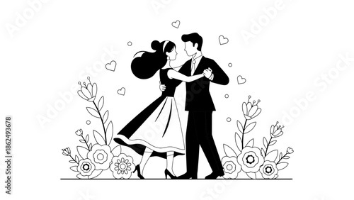 A couple dances romantically surrounded by flowers and hearts.