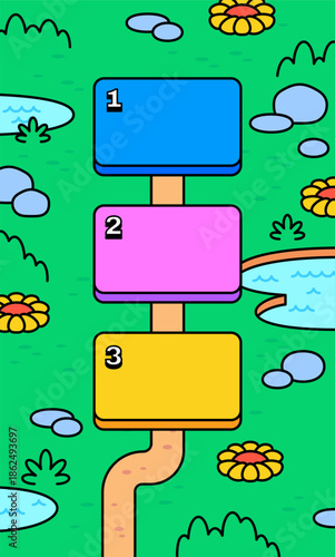 Colorful cartoon infographic with three numbered signboards along a garden path. Ideal for step-by-step process, timeline, roadmap, education, presentation, and playful visual guides.