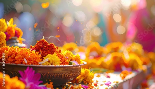 Generated imageKumari Puja, close-up of flower garland and vermilion plate, blurred festive crowd background. High quality