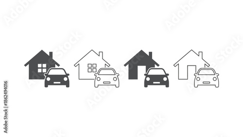 Two filled and two outline houses with cars in front of them.