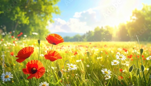 Generated imageSpring - Sunny Field With Poppies And Daisies Flowers On Grass With Abstract Defocused Landscape.