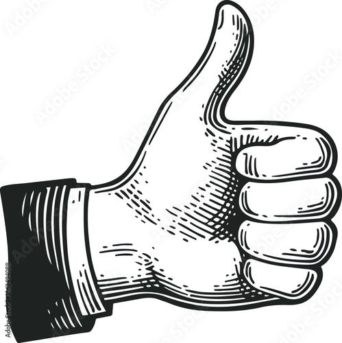 Engraved Hand Gesture Icon. Vintage Thumb Up Symbol in Engraved Style.