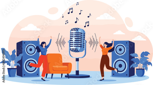 Flat style illustration of two women dancing around a large retro microphone and speakers in a modern studio