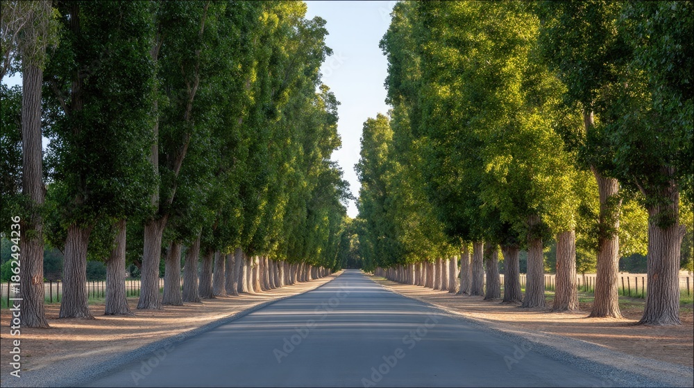 Fototapeta premium Serene Tree-Lined Road Surrounded by Lush Greenery Under Clear Blue Sky Perfect for Nature Lovers and Outdoor Enthusiasts Seeking Tranquility