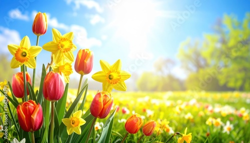 Generated image Tulips And Daffodils In Sunny Field - Spring flowers