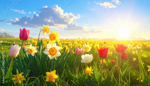 Generated imageTulips And Daffodils In Sunny Field - Spring flowers