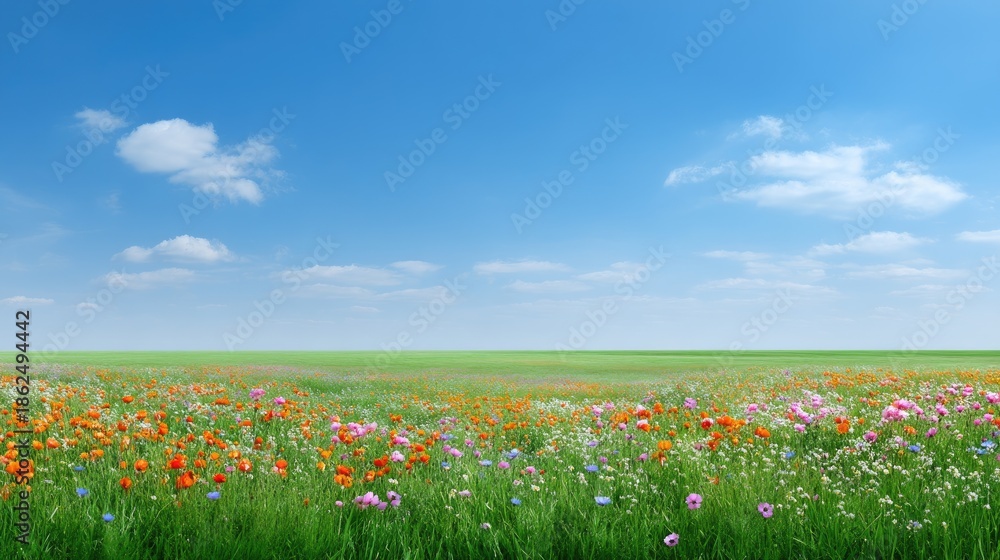 Fototapeta premium Vibrant Meadow with Colorful Wildflowers Under a Clear Blue Sky and Soft White Clouds in a Tranquil Landscape Filled with Natural Beauty