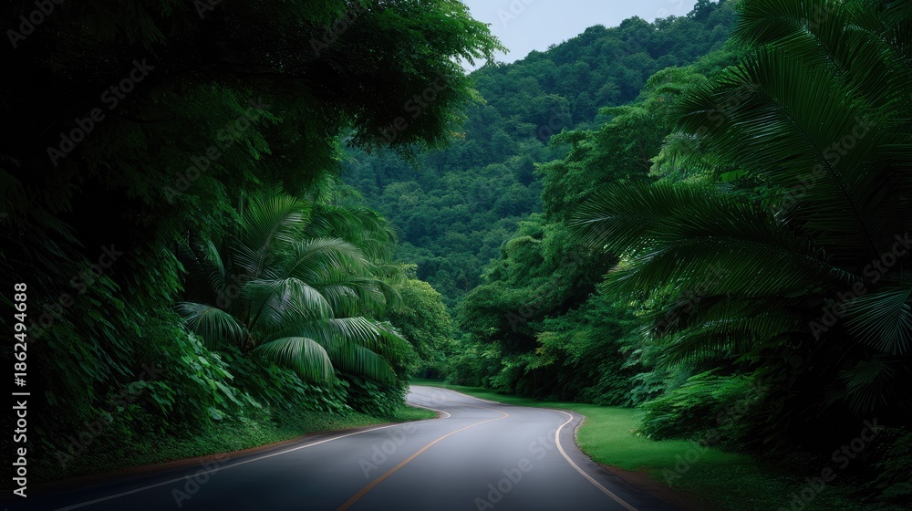 Fototapeta premium Serene Winding Road Surrounded by Lush Green Trees and Tropical Foliage in a Tranquil Nature Landscape