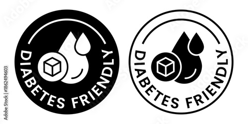 Diabetes friendly icon set. Diabetes friendly logo, label, badge, sticker, symbol, banner, circle, stamp, line, vector, isolated illustration. Diabetes friendly label for product packaging design.