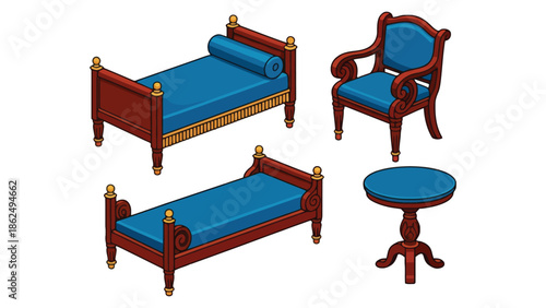 A set of antique furniture including two beds, a chair, and a table.