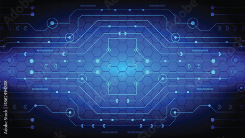 Blue Circuit Board Pattern with Glowing Connections and Digital Elements.